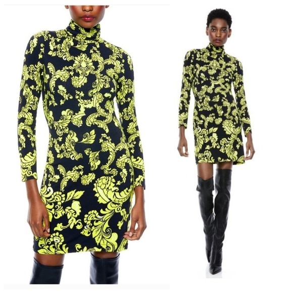 Alice + olivia delora turtleneck floral lime mini dress Size 4 NWT  $330 - Picture 5 of 16